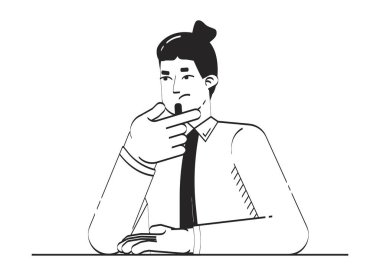 Erkek çalışan, çenesini ovuşturarak çizgisel karakter üzerinde kafa yoruyor. Karar verme. Kafkasyalı ofis çalışanı, 2D vektör hatlı kişinin izole olduğunu düşünüyor. El çizimi illüstrasyon monokrom