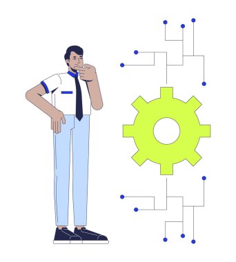 Algoritma 2D illüstrasyon kavramını anlamıyorum. Hintli erkek istatistikçi, beyaza izole edilmiş algoritmik sistem dişli çizgi film karakterinin karmaşıklığına şaşırdı. Düz soyut vektör benzetmesi