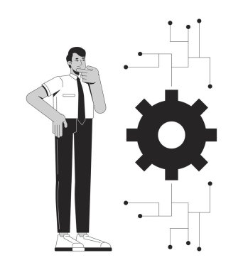 Algoritma çizgisi illüstrasyonunu anlamıyorum. Hintli erkek istatistikçi algoritmik sistem dişli anahatlarının karmaşıklığı hakkında şaşırdı. 2D karakter izole edildi. Mürekkep doğrusal metafor vektör sanatı