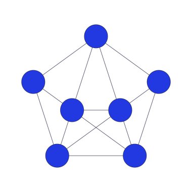 Tam bağlantılı ağ diyagramı 2D çizgi film nesnesi. Sistem mimarisi. Beşgen yapısını oluşturan geometrik bağlantılı düğümler beyaz üzerine izole edilmiş element düz vektör klipsi sanatı. Benek illüstrasyonu