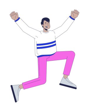 Neşeli Hintli adam kollarını kaldırmış 2D çizgi film karakteriyle zıplıyor. Heyecanlı bir ifade. Zafer kutlaması. Güney Asyalı adam düz vektörle atlıyor. Beyazla izole edilmiş. Benek illüstrasyonu renkli