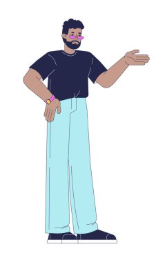 Güneş gözlüklü şık sakallı siyah adam 2D çizgi film karakterini açıklıyor. Kol saati ve gözlüklü Afrikalı Amerikalı adam beyazı izole edilmiş düz vektör insanı sunuyor. Benek illüstrasyonu renkli