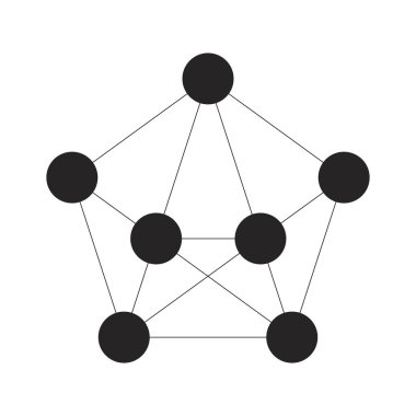 Tam bağlantılı ağ diyagramı 2D siyah doldurulmuş nesne. Sistem mimarisi. Beşgen yapısını oluşturan geometrik bağlantılı düğümler yalıtılmış Clipart vektör mürekkebi öğesi. Tek renkli nokta illüstrasyonu