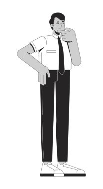 Hintli genç bir çalışan düşünceli bir iş kararı veriyor. 2D çizgi karakteri. Güney Asyalı iş elbiseli, çenesini ovuşturan yalıtılmış vektör mürekkebi çizen kişi. Monokromatik nokta çizimi