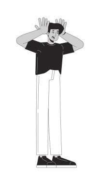 Stres içinde 2 boyutlu çizgi karakteri içinde kıvranan hayal kırıklığına uğramış Latin bir adam. Zihinsel aşırı yüklenme reaksiyonu. Kaygılı İspanyol adam, izole edilmiş vektör mürekkep karakterini alt etmiş. Monokromatik nokta çizimi