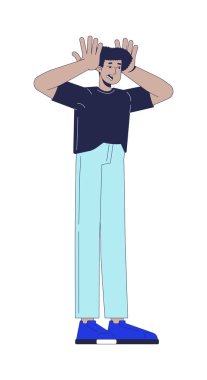 Stres içinde 2 boyutlu çizgi film karakteri gibi kıvranan hayal kırıklığına uğramış Latin bir adam kafası. Zihinsel aşırı yüklenme reaksiyonu. Kaygılı İspanyol adam beyazı izole ederek düz taşıyıcıyı alt etti. Benek illüstrasyonu renkli