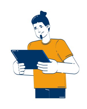 Kafkasyalı bir adam elinde tablet tutuyordu ve 2D karalama karakteri ile ilgiliydi. Stresli haberlere bakıyorum. Endişeli adam, beyaz üzerine izole edilmiş karikatür insan vektörü okuyor. El çizimi illüstrasyon renkli