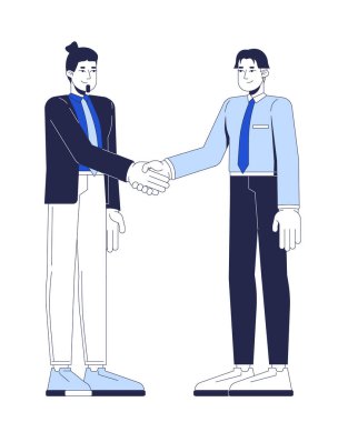 İki iş adamı 2D çizgi film karakterleriyle el sıkışıyor. Karşılıklı anlayış. Çeşitli erkek iş arkadaşları beyazda izole edilmiş düz vektörlü insanları selamlıyor. Benek illüstrasyonu renkli