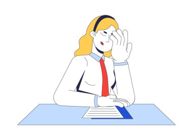 Masa 2D çizgi film karakterinde hayal kırıklığına uğramış sarışın şirket kadını. İş sorunu. İş yeri hayal kırıklığı. Beyazda izole edilmiş yorgun, profesyonel bir düz vektör. Benek illüstrasyonu renkli