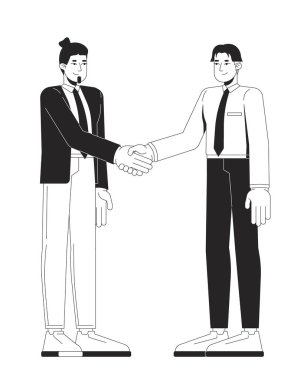 İki iş adamı anlaşmalı 2D çizgi karakterleriyle tokalaşıyor. Karşılıklı anlayış. Çeşitli erkek iş arkadaşları izole edilmiş vektör mürekkebini selamlıyor. Monokromatik nokta çizimi