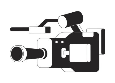Mikrofon 2D nesneli profesyonel video kamera. Film yapımcılığı. Video gazetecilik ekipmanları. Video kamera izole edilmiş Clipart vektör mürekkep ana hatları ögesi yayınlanıyor. Tek renkli nokta illüstrasyonu