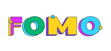 FOMO üç boyutlu oyuncu metin tasarımı. Kaçırma korkusu. Olay uydurma. Satış aciliyeti. Özel erişim hakkı. Gelişmelerden haberdar ol. Çok renkli blok harfler. Yıldızlı retrofunky tarzı. Popüler kültür. Kullanılan Montserrat yazı tipi