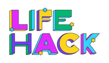 Hayat hackleyici 3 boyutlu metin tasarımı. Pratik bir ipucu. Zekice bir numara. Günlük yaşantıyı kolaylaştırmak için akıllıca bir kestirme. Çok renkli blok harfler. Yıldızlı retrofunky tarzı. Popüler kültür. Kullanılan Montserrat yazı tipi