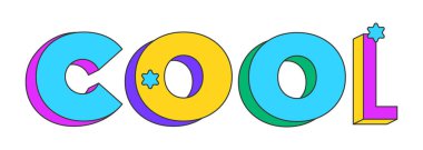 Havalı 3 boyutlu metin tasarımı. Onaylama tepkisi. Titreşimler. Rahatlamış olumlu tepki. Sıradan bir cevap. Çok renkli blok harfler. Yıldızlı retrofunky tarzı. Popüler kültür. Kullanılan Montserrat yazı tipi