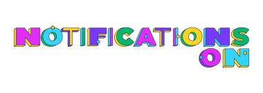 Oyuncu 3D metin tasarımı bildirimleri. Alarm güncellemesi. Yeni içerik hatırlatıcı. Anında bildir. Çok renkli blok harfler. Yıldızlı retrofunky tarzı. Popüler kültür. Kullanılan Montserrat yazı tipi