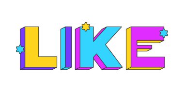 Oyuncu 3D metin tasarımı gibi. Kullanıcı onayı. Memnuniyet. Olumlu etkileşim. Hayranların favorisi. Çok renkli blok harfler. Yıldızlı retrofunky tarzı. Popüler kültür. Kullanılan Montserrat yazı tipi