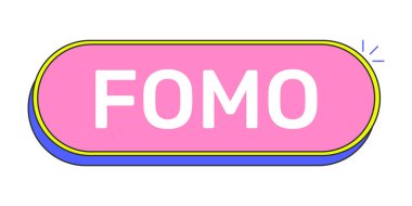 FOMO pembe çizgi film UI düğmesini yuvarladı. Kaçırma korkusu. Olay uydurma. Satış aciliyeti. Özel erişim hakkı. Gelişmelerden haberdar ol. Tıklanabilir eylem çağrısı. Düz vektör çizimi. Güzel tasarım. Kullanılan Rubik yazı tipi