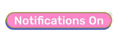 Yuvarlak pembe çizgi film UI tuşuna ilişkin uyarılar. Alarm güncellemesi. Yeni içerik hatırlatıcı. Anında bildir. Tıklanabilir eylem çağrısı. Düz vektör çizimi. Güzel tasarım. Kullanılan Rubik yazı tipi