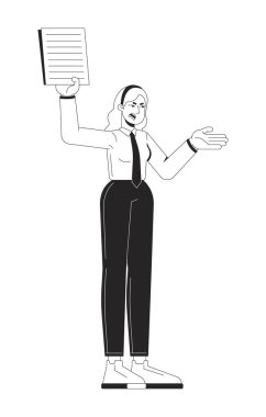 Sinirli sarışın bayan yönetici elinde kızgın bir şekilde 2D çizgi karakteri tutuyor. Proje şikayeti Çalışan memnuniyetsizliği izole edilmiş vektör mürekkep çizgisi kişisi. Monokromatik nokta çizimi