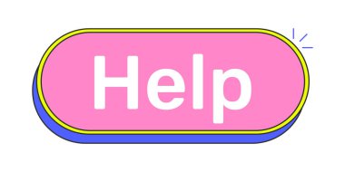 Pembe çizgi film UI düğmesine yardım et. Yardım talebi. Müşteri desteği. Kullanıcı yönlendirmesi. İnternet sitesi faq servisi. Tıklanabilir eylem çağrısı. Düz vektör çizimi. Güzel tasarım. Kullanılan Rubik yazı tipi