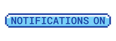 Retro piksel stili mavi düğme uyarıları. Alarm güncellemesi. Yeni içerik hatırlatıcı. Anında bildir. Pixelated UI elementi. Tıklanabilir 8 bitlik eylem çağrısı etiketi. Kullanılan Roboto Mono yazı tipi