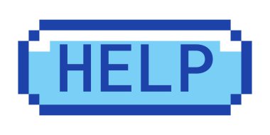 Retro piksel stili mavi düğmeye yardım et. Yardım talebi. Müşteri desteği. Kullanıcı yönlendirmesi. İnternet sitesi faq servisi. Pixelated UI elementi. Tıklanabilir 8 bitlik eylem çağrısı etiketi. Kullanılan Roboto Mono yazı tipi