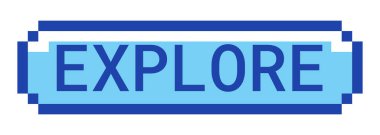 Retro piksel stili mavi düğmeyi keşfet. Keşif özelliği. Tarama işlevselliği. Site keşfi. Seyrüsefer. Pixelated UI elementi. Tıklanabilir 8 bitlik eylem çağrısı etiketi. Kullanılan Roboto Mono yazı tipi