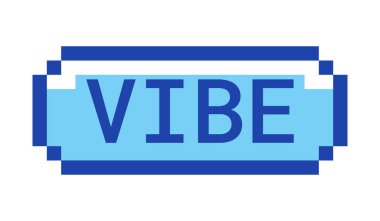 Vibe retro piksel tarzı mavi düğme. Rahatlamış bir ruh hali. Tatil hissi. Sakin bir yaşam tarzı. İyi titreşimler. Gençlik kültürü. Pixelated UI elementi. Tıklanabilir 8 bitlik eylem çağrısı etiketi. Kullanılan Roboto Mono yazı tipi