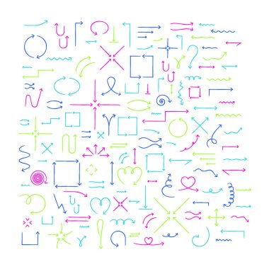 Renkli el çizimi ok seti. Yön ve izah edici içerik için çizgi işaretçileri. Basit el çizimi semboller koleksiyonu. Serbest klip sanatı. Sosyal medya için düzenlenebilir vektör varlıkları örtüyor