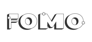 FOMO koyu siyah beyaz 3D metin. Kaçırma korkusu. Olay uydurma. Satış aciliyeti. Özel erişim hakkı. Gelişmelerden haberdar ol. Özetlenmiş mektuplar. Eğlenceli tipografi. Yıldız aksanlı blok tipi. Kullanılan Montserrat yazı tipi