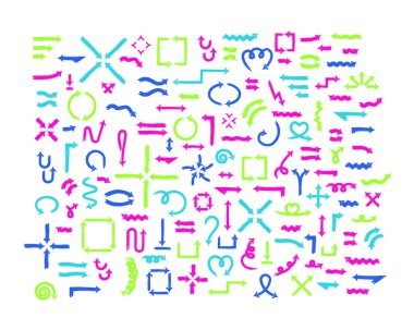 Çok renkli, kalın oklu ok seti. Vurgulama ve rehberlik için izole edilmiş etkileyici karalama işaretleri. Düzenlenebilir grunge tasarım elemanları. Yön kabataslak freehand tırmanış koleksiyonu