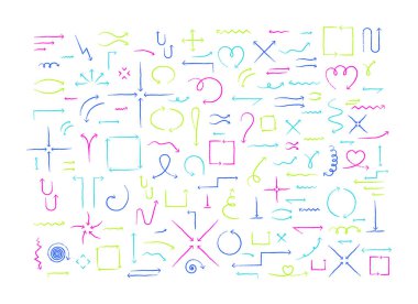 Çok renkli grunge doodle ok seti. Serbest ve kabataslak bir şekilde tırmanıyor. Sosyal medya ve vurgu için basit el çizimi vektör örtüleri. Sıkıntılı işaretler toplanır. Grafik tasarım ögeleri