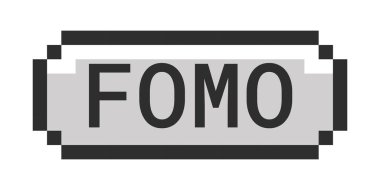 FOMO monokrom piksel sanat düğmesi. Kaçırma korkusu. Olay uydurma. Satış aciliyeti. Özel erişim hakkı. Güncellemeleri al. Gri tonlu eski UI. 8 bitlik bir tomografi. Pikselleştirilmiş 16bit web etiketi. Kullanılan Roboto Mono yazı tipi