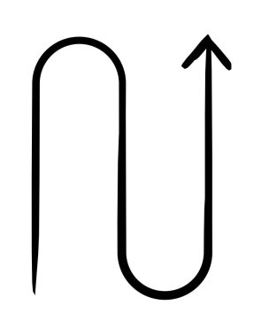 U-dönüşü şekli elle çizilmiş grafik elementi ile pürüzsüz eğilmiş ok. Yönlendirme simgesi. Keskin kıvrımlı bir yol. Karalama yönü. Asgari siyah işaret. Mürekkep el yazması sembolü. Scribble illüstrasyonu