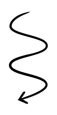 Uzun dalgalı ok elle çizilmiş grafik elementi. Yumuşak dalgalar aşağı doğru akıyor. Dolambaçlı yol. Kıvrımlı. Karalama yönü. Asgari siyah işaret. Mürekkep el yazması sembolü. Scribble illüstrasyonu