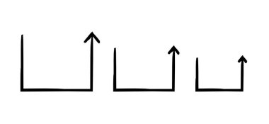Yarım kare oklar yukarı doğru çizilmiş el çizimi grafik ögesi seti. Geometrik form. Dik açı ok başı. Karalama yönü. Asgari siyah noktalar. Mürekkep el yazısıyla yazılmış semboller. Scribble illüstrasyonu