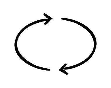 Çift taraflı oval oklar elle çizilmiş grafik öğesi. Döngüsel sürekli hareket. Değişim akışı. Dairesel yol. Karalama yönü. Asgari siyah işaret. Mürekkep el yazması sembolü. Scribble illüstrasyonu