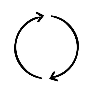İki taraflı çember okları elle çizilmiş grafik öğesi. Dairesel döngü. Saat yönünde yineleme. Sonsuz hareket. Karalama yönü. Asgari siyah işaret. Mürekkep el yazması sembolü. Scribble illüstrasyonu