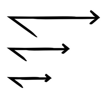 Boyut çeşitliliğinde akut sağ oklar elle çizilmiş çizim grafik ögesi seti. Keskin bir geçiş. Görsel işaret. Karalama yönü. Asgari siyah noktalar. Mürekkep el yazısıyla yazılmış semboller. Scribble illüstrasyonu