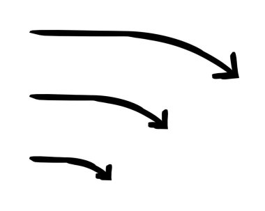 Eğri uçlu oklar elle çizilmiş grafik ögesi ayarlandı. Yavaş yavaş eğri aşağı doğru. Yönlendirme işareti. Karalama yönü. Asgari siyah noktalar. Mürekkep el yazısıyla yazılmış semboller. Scribble illüstrasyonu
