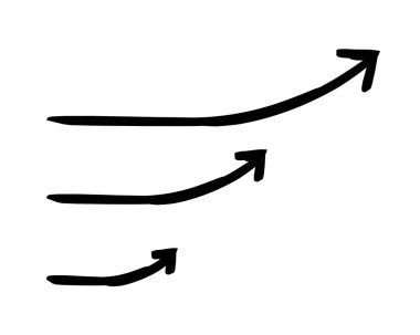 Eğri uçlu oklar elle çizilmiş grafik ögesi seti. Yukarı doğru kıvrılıyor. Esnek yükseliş. Karalama yönü. Asgari siyah noktalar. Mürekkep el yazısıyla yazılmış semboller. Scribble illüstrasyonu