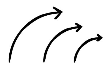 Eğri oklar elle çizilmiş süpürülebilir çizim grafik ögesi seti. Yukarıdan sağa doğru kavis. Karalama yönü. Asgari siyah noktalar. Mürekkep el yazısıyla yazılmış semboller. Scribble illüstrasyonu