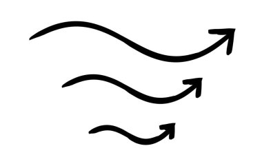 Kıvrımlı kavisli oklar elle çizilmiş grafik öğe setini gösteriyor. Kıvırcık yukarı doğru ilerliyor. Karalama yönü. Asgari siyah noktalar. Mürekkep el yazısıyla yazılmış semboller. Scribble illüstrasyonu