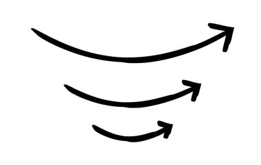 Eğik oklar elle çizilmiş grafik ögesi seti. Yukarıyı gösteren düz bir eğri. İyimser bir hareket. Karalama yönü. Asgari siyah noktalar. Mürekkep el yazısıyla yazılmış semboller. Scribble illüstrasyonu