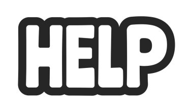 Eylem çıkartmasına cesur bir çağrı göndermeye yardım et. Yardım talebi. Müşteri desteği. Kullanıcı yönlendirmesi. İnternet sitesi faq servisi. Siyah beyaz metin. Kabarcık harfleri. Oyuncu tasarım kelimesi. Kullanılan çiftlik yazı tipi