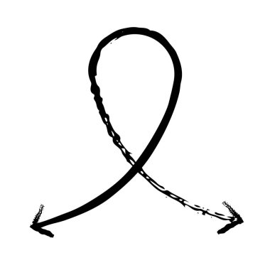 Düz döngülü ok kurdelesi benzeri grunge doodle tasarım elementi. İki simetrik dışa doğru kıvrımlı kuyruk. El işaretçisi. Dinamik kabataslak yön tırmanışı. Sıkıntılı siyah mürekkep çizgisi sembolü