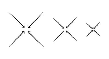 Merkezdeki grunge doodle tasarım elementini gösteren çapraz oklar. Merkeze doğru odaklan. El yapımı işaretler. Dinamik kabataslak kabataslak tırmanış. Sıkıntılı siyah mürekkep çizgisi sembolleri