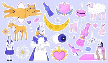 Kaprisli fantezi ve sevimli karakterler renkli çıkartma kağıtları. Hayali hayvanlar. Sihirli peri masalı havası. Düz çizgi film kolaj tasarımı. Vektör çizimi. Günlük ve hatıra defteri için etiket paketleri