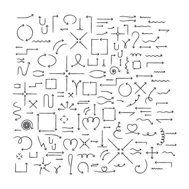 Çeşitli el çizimi ok setleri. Yön ve izah edici içerik için çizgi işaretçileri. Basit el çizimi semboller koleksiyonu. Serbest klip sanatı. Sosyal medya için düzenlenebilir vektör varlıkları örtüyor