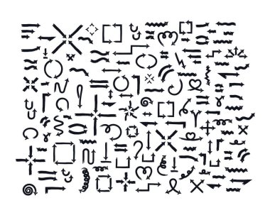 Çok yönlü, kalın oklu ok seti. Vurgulama ve rehberlik için izole edilmiş etkileyici karalama işaretleri. Düzenlenebilir grunge tasarım elemanları. Yön kabataslak freehand tırmanış koleksiyonu